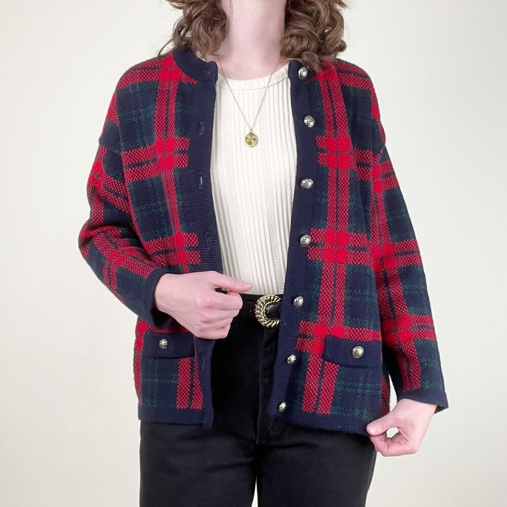 Vintage Scottish Wool Plaid Cardigan Sweater Oversized Tartan Holiday Christmas - Picture 5 of 9